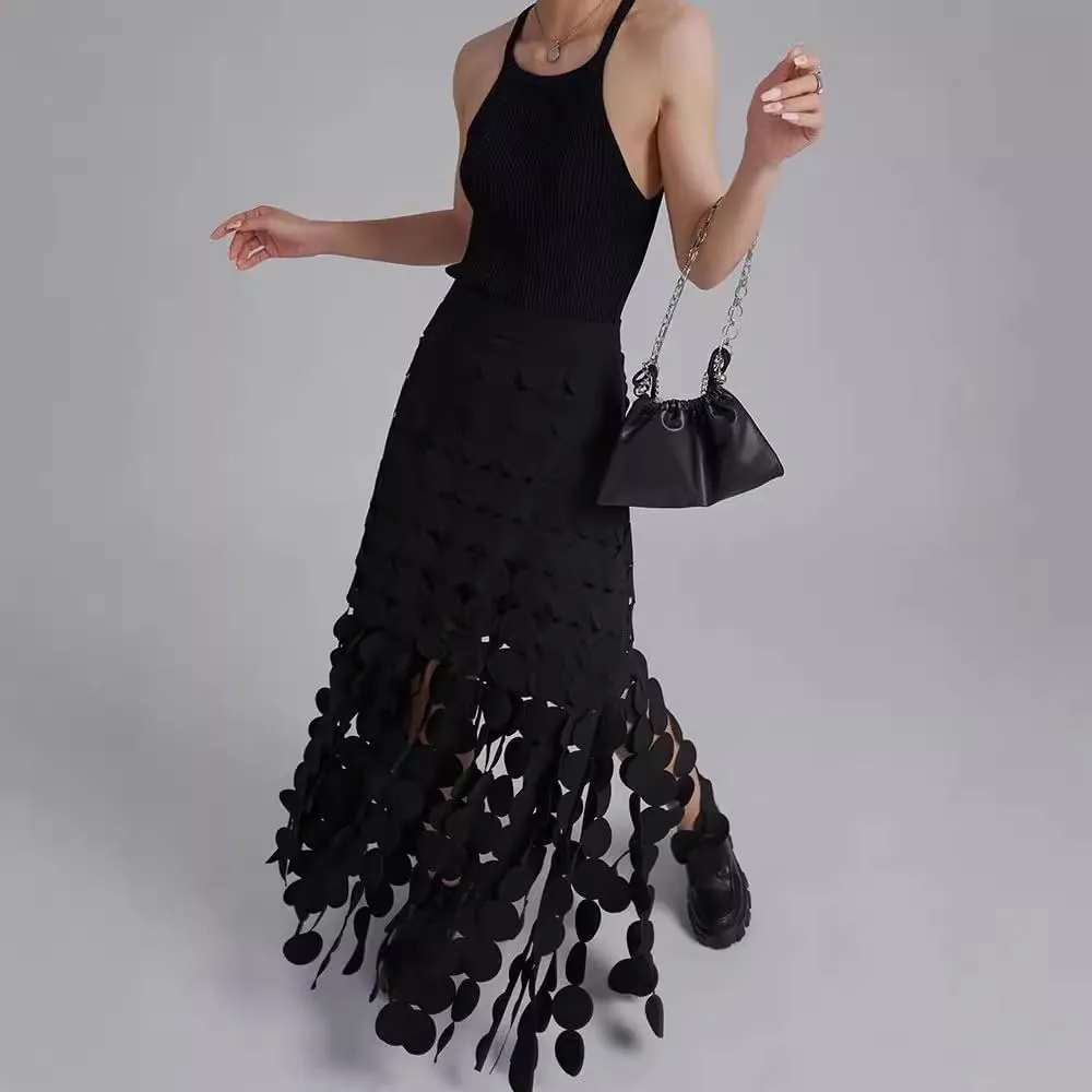 Women Hollow Out Midi Skirt High Waist Boho Fringe Hem 3D Polka Dot Mesh Skirts Graduation Dress