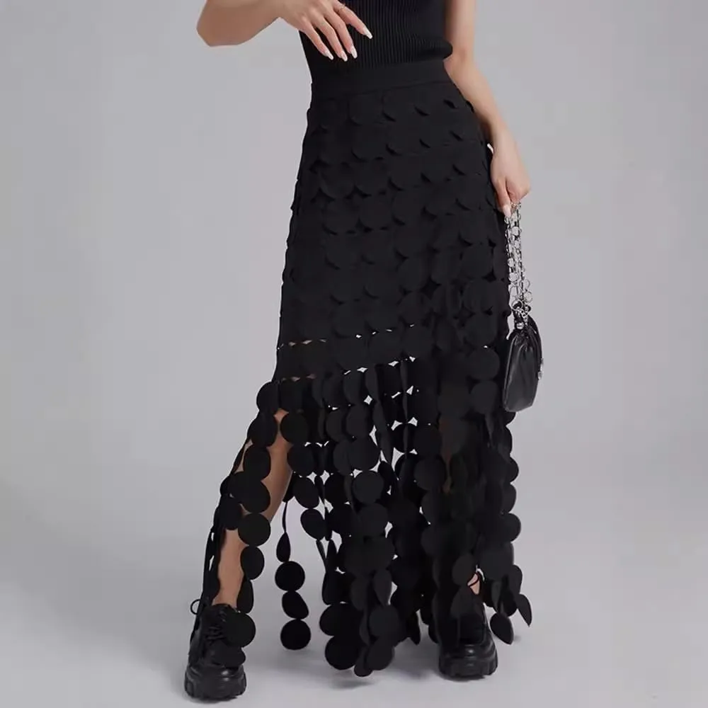 Women Hollow Out Midi Skirt High Waist Boho Fringe Hem 3D Polka Dot Mesh Skirts Graduation Dress