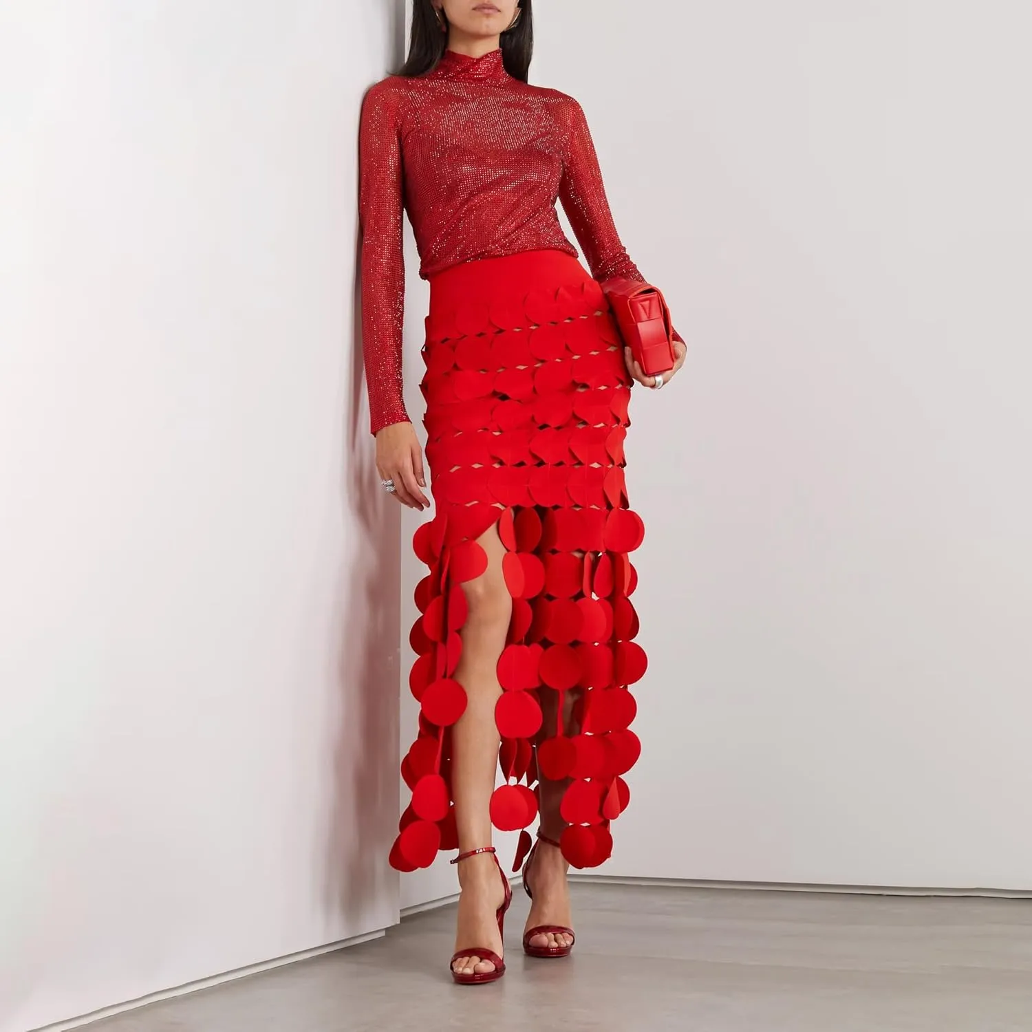 Women Hollow Out Midi Skirt High Waist Boho Fringe Hem 3D Polka Dot Mesh Skirts Graduation Dress