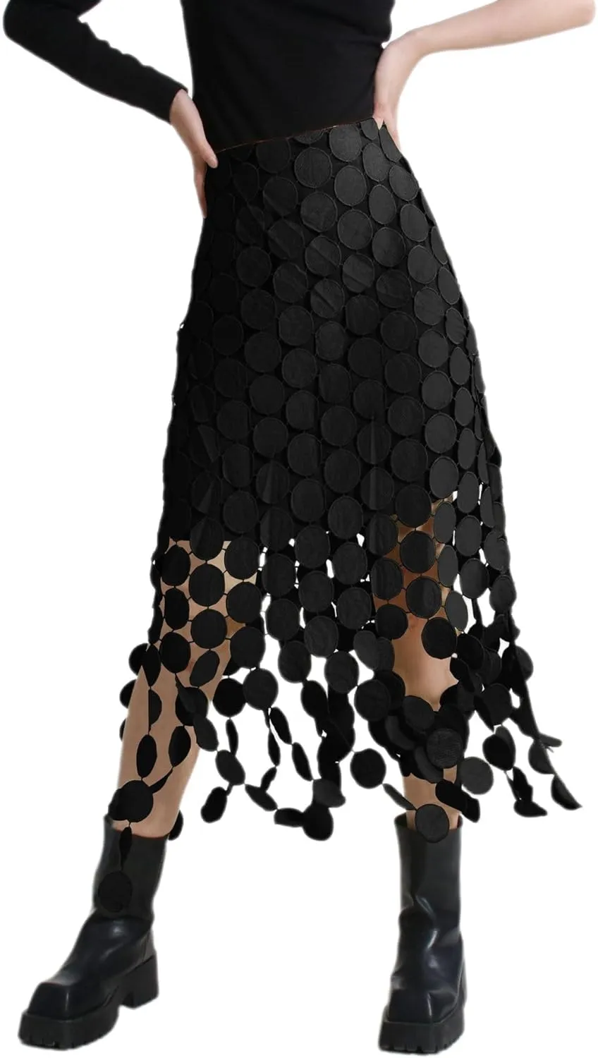 Women Hollow Out Midi Skirt High Waist Boho Fringe Hem 3D Polka Dot Mesh Skirts Graduation Dress