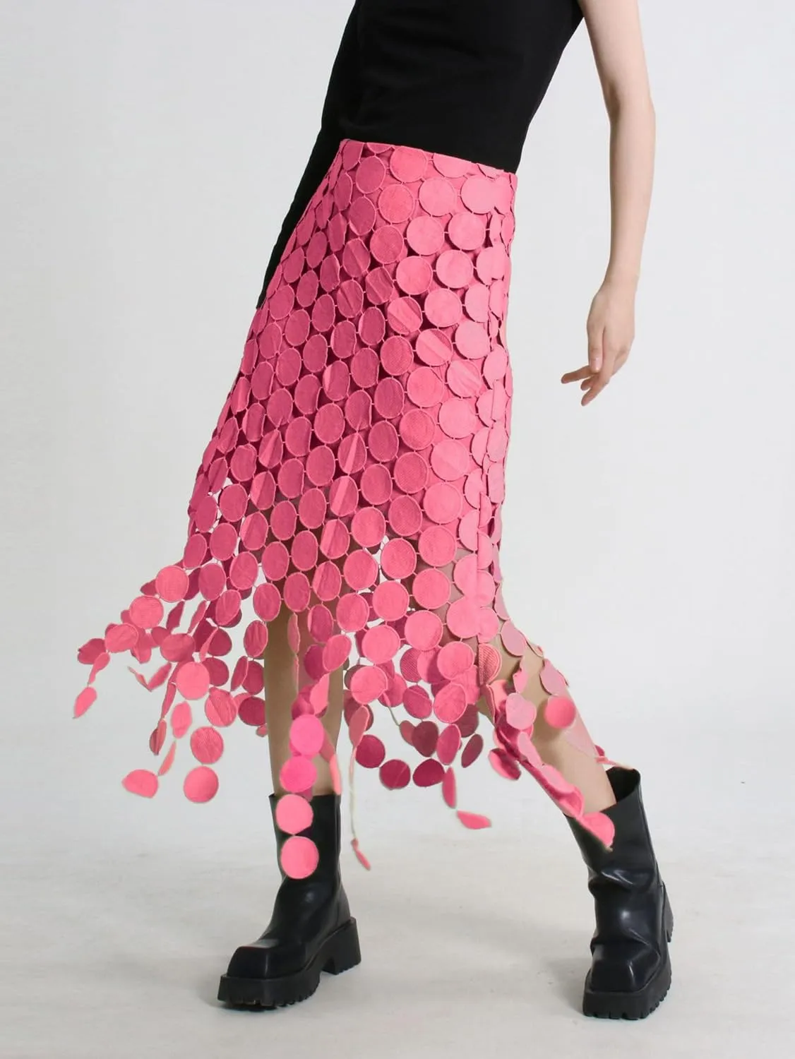 Women Hollow Out Midi Skirt High Waist Boho Fringe Hem 3D Polka Dot Mesh Skirts Graduation Dress