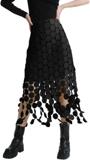 Women Hollow Out Midi Skirt High Waist Boho Fringe Hem 3D Polka Dot Mesh Skirts Graduation Dress
