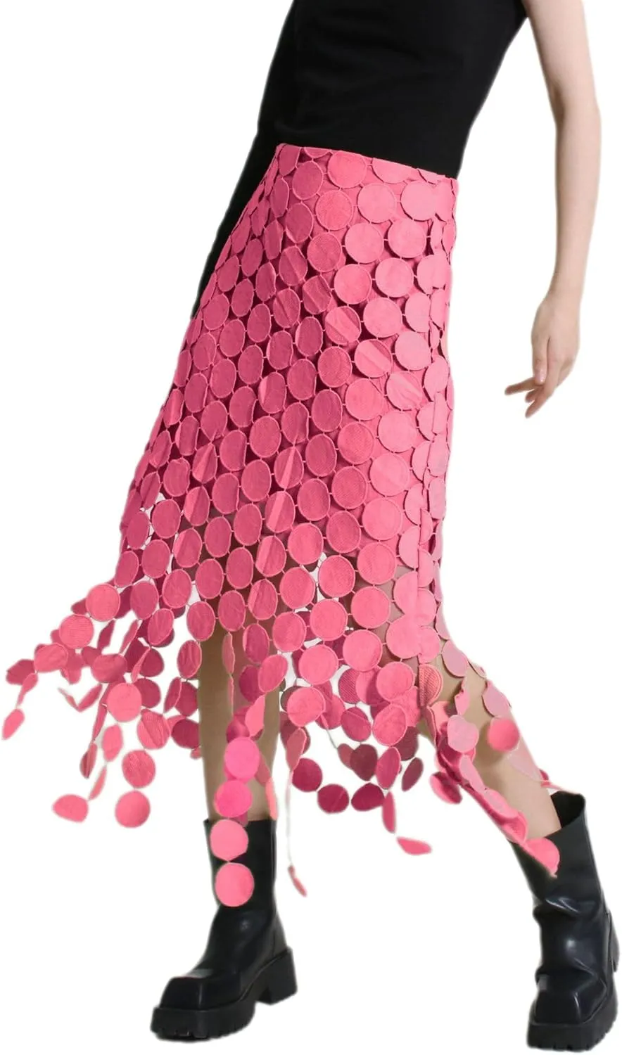 Women Hollow Out Midi Skirt High Waist Boho Fringe Hem 3D Polka Dot Mesh Skirts Graduation Dress