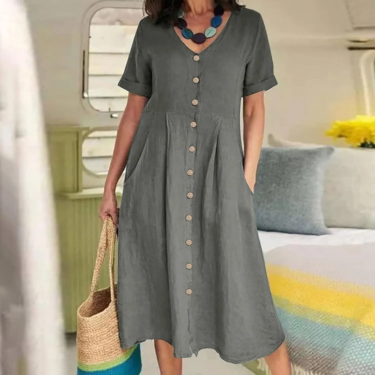 Women Linen Beach Dress Summer Casual Short Sleeve Button Down Long Dress Plus Size Loose Vacation Dress with Pockets