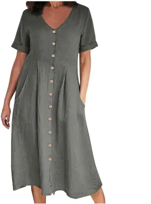 Women Linen Beach Dress Summer Casual Short Sleeve Button Down Long Dress Plus Size Loose Vacation Dress with Pockets