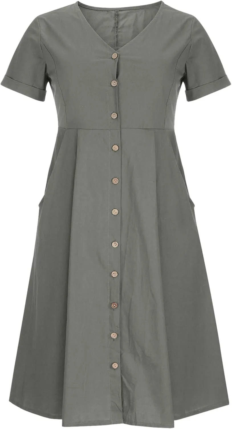 Women Linen Beach Dress Summer Casual Short Sleeve Button Down Long Dress Plus Size Loose Vacation Dress with Pockets