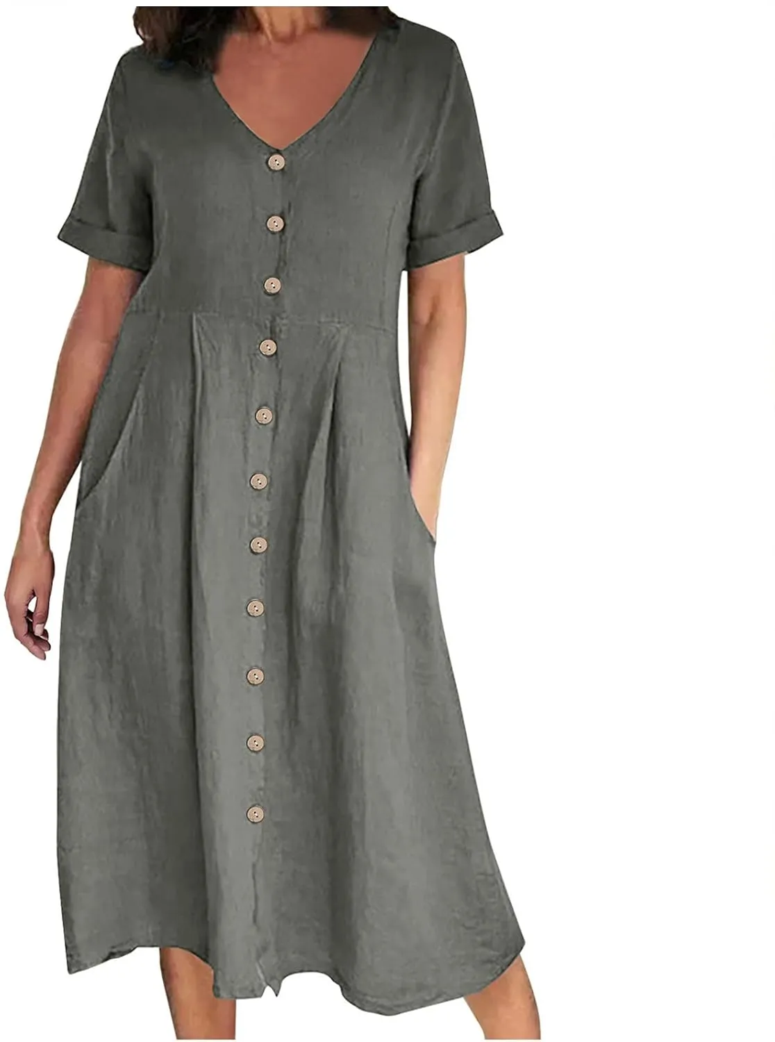 Women Linen Beach Dress Summer Casual Short Sleeve Button Down Long Dress Plus Size Loose Vacation Dress with Pockets