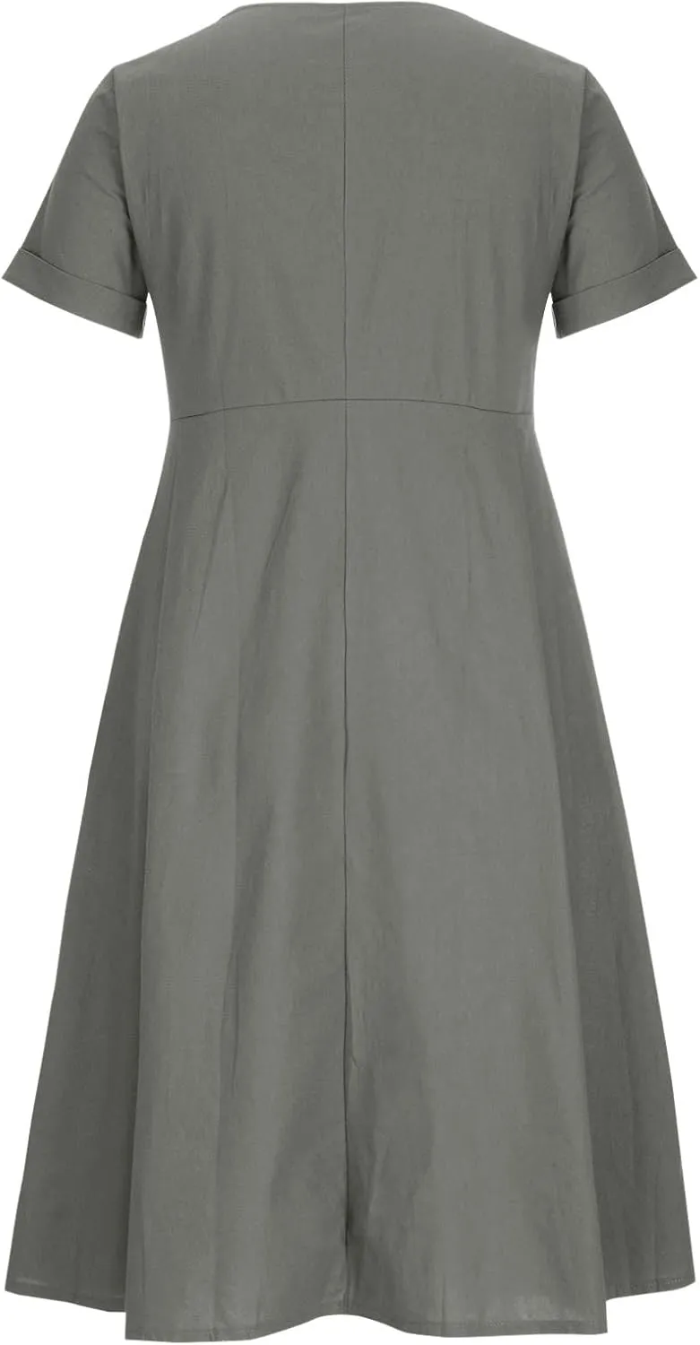 Women Linen Beach Dress Summer Casual Short Sleeve Button Down Long Dress Plus Size Loose Vacation Dress with Pockets