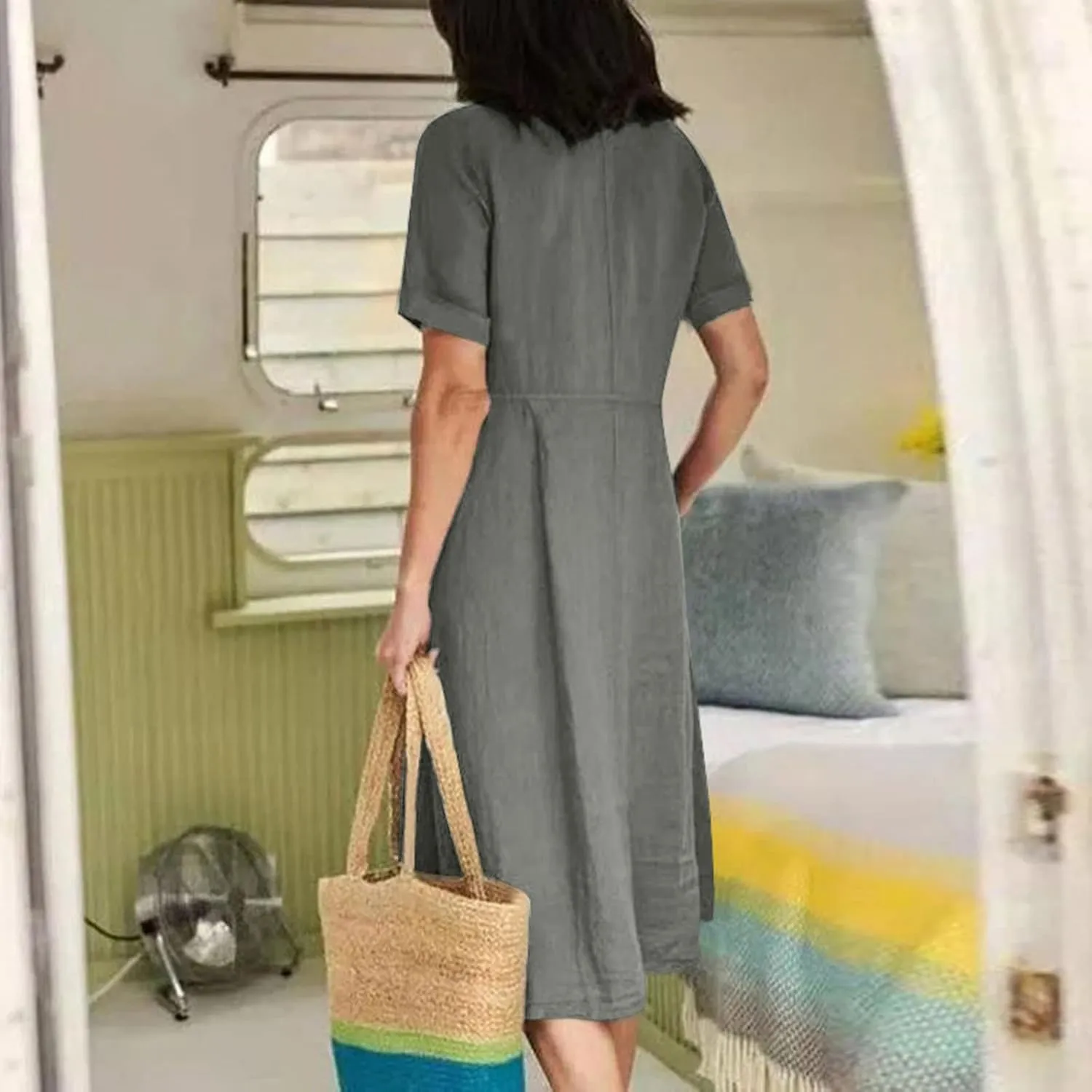 Women Linen Beach Dress Summer Casual Short Sleeve Button Down Long Dress Plus Size Loose Vacation Dress with Pockets