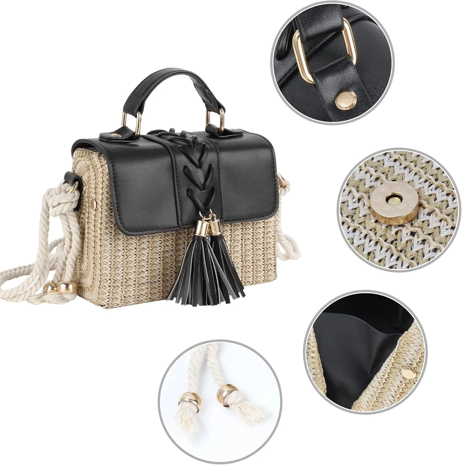 Women Mini Straw Woven Cross-body Shoulder Bag Top-handle Bag Handbag