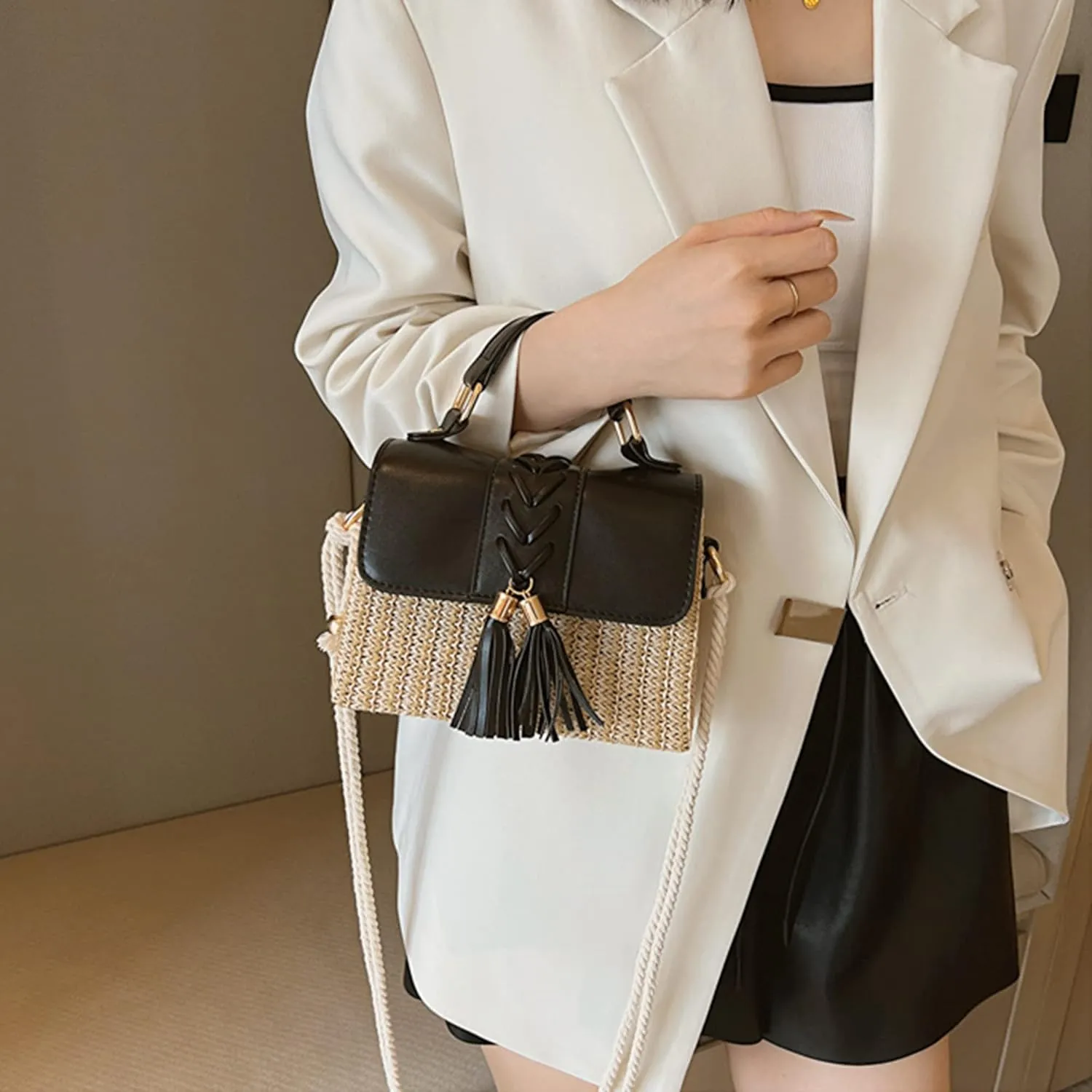 Women Mini Straw Woven Cross-body Shoulder Bag Top-handle Bag Handbag