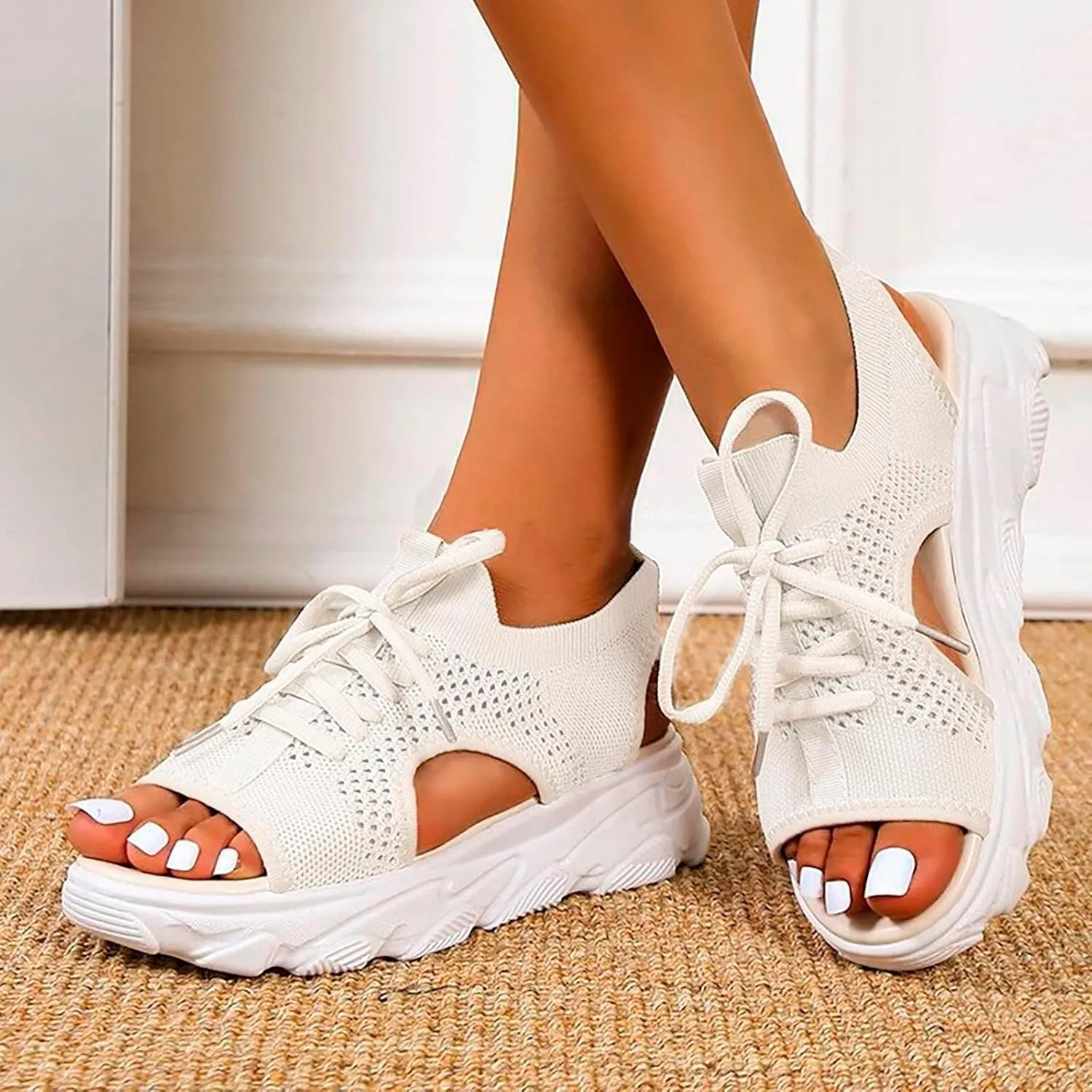 Women Orthopedic Walking Sandals Open Toe Summer Platform Sandal Lace Up Slingback Comfortable Shoes with Memory Foam