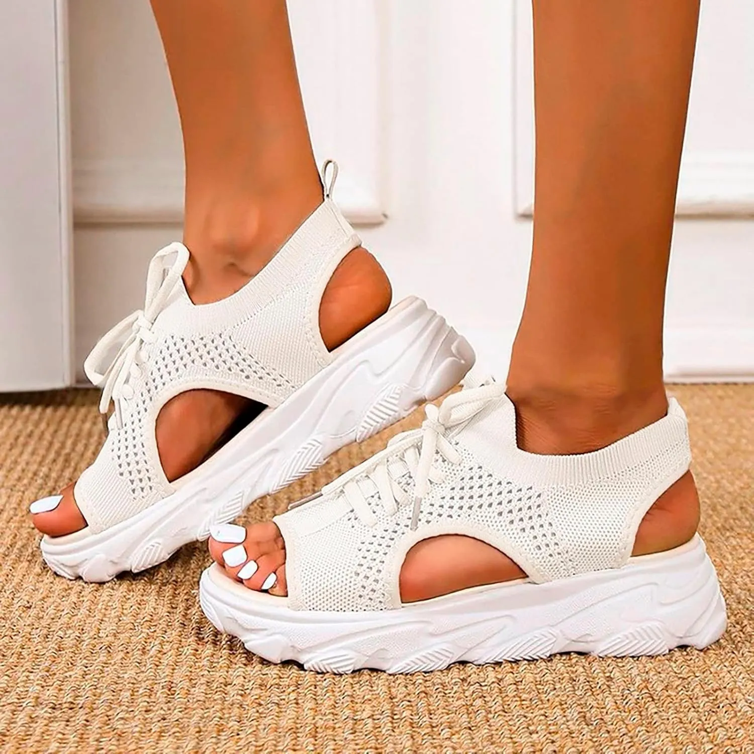 Women Orthopedic Walking Sandals Open Toe Summer Platform Sandal Lace Up Slingback Comfortable Shoes with Memory Foam