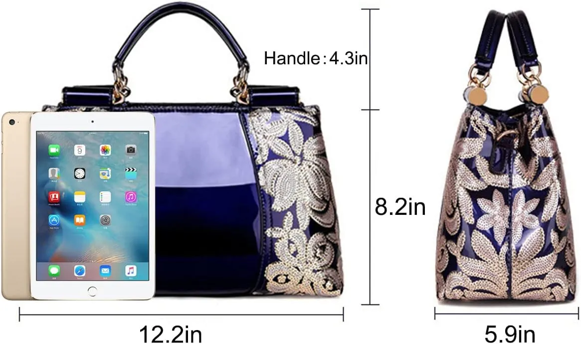 Women Patent Leather Fashion Handbags Double Sided Sequin Embroidery Shoulder Bag Top Handle Satchel Purse