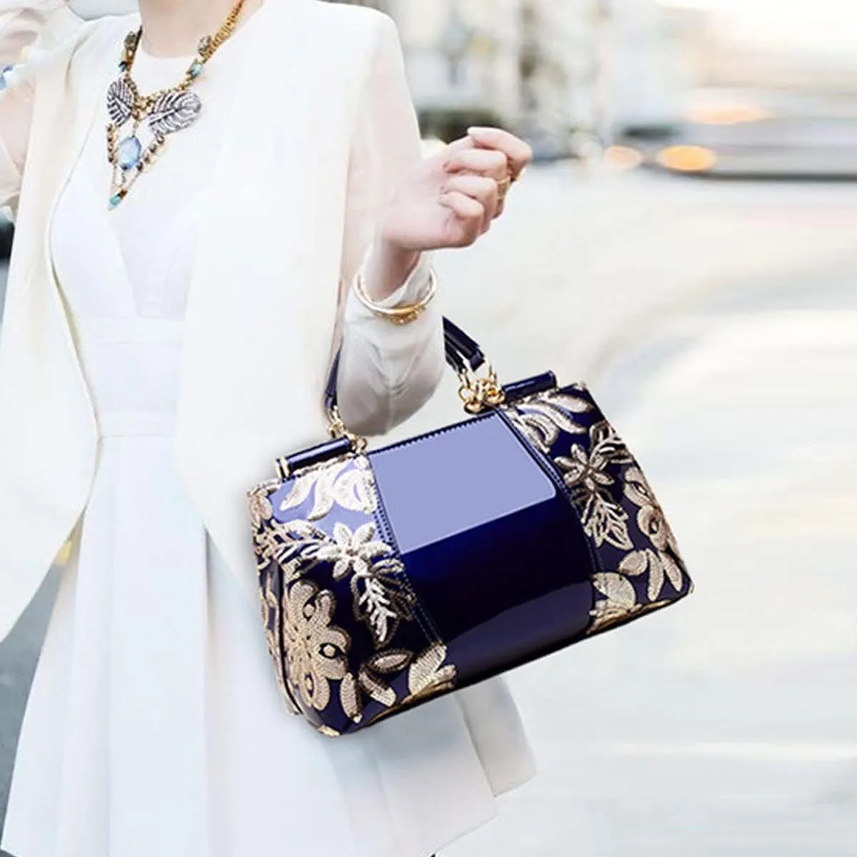 Women Patent Leather Fashion Handbags Double Sided Sequin Embroidery Shoulder Bag Top Handle Satchel Purse