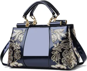 Women Patent Leather Fashion Handbags Double Sided Sequin Embroidery Shoulder Bag Top Handle Satchel Purse