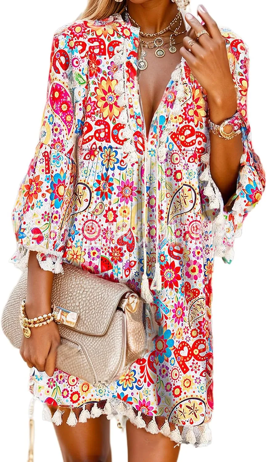 Women Print V Neck Tassel 3/4 Sleeve Shift Dress Bohemian Vintage Ethnic Style Fringe Tie Neck Casual Knee Length Dress