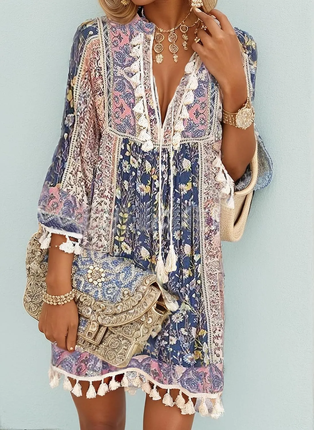 Women Print V Neck Tassel 3/4 Sleeve Shift Dress Bohemian Vintage Ethnic Style Fringe Tie Neck Casual Knee Length Dress