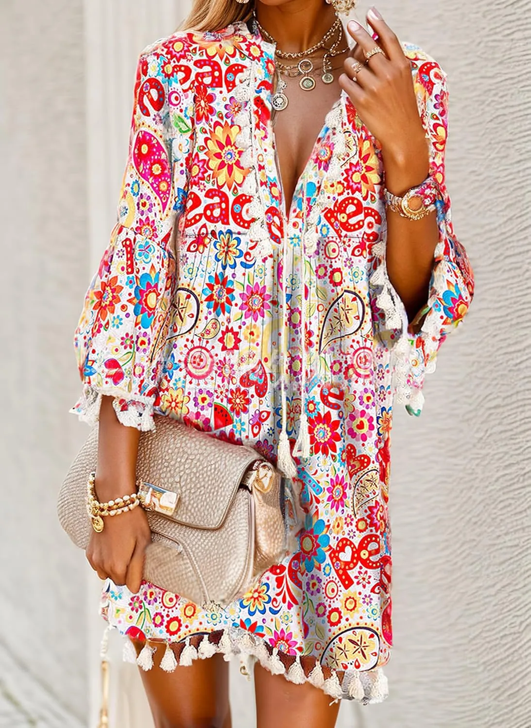 Women Print V Neck Tassel 3/4 Sleeve Shift Dress Bohemian Vintage Ethnic Style Fringe Tie Neck Casual Knee Length Dress