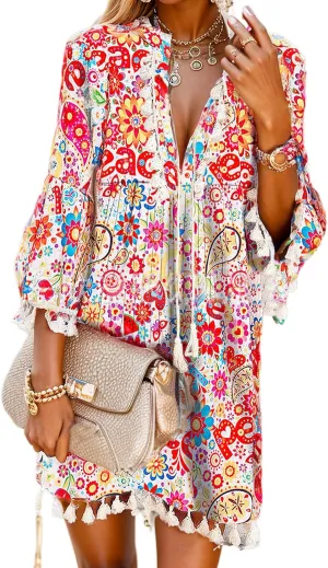 Women Print V Neck Tassel 3/4 Sleeve Shift Dress Bohemian Vintage Ethnic Style Fringe Tie Neck Casual Knee Length Dress