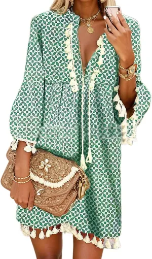 Women Print V Neck Tassel 3/4 Sleeve Shift Dress Bohemian Vintage Ethnic Style Fringe Tie Neck Casual Knee Length Dress