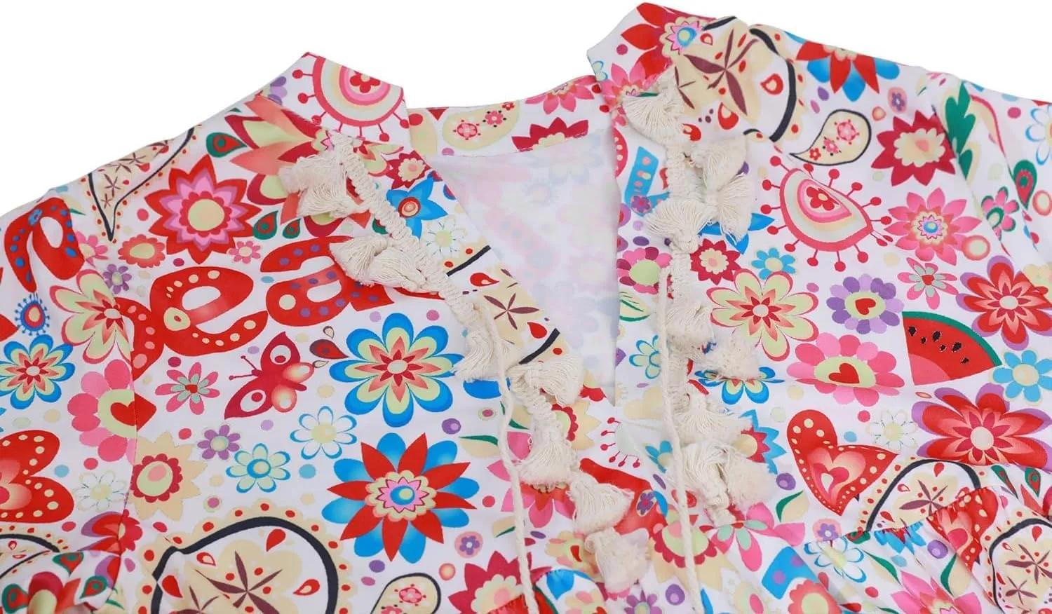 Women Print V Neck Tassel 3/4 Sleeve Shift Dress Bohemian Vintage Ethnic Style Fringe Tie Neck Casual Knee Length Dress