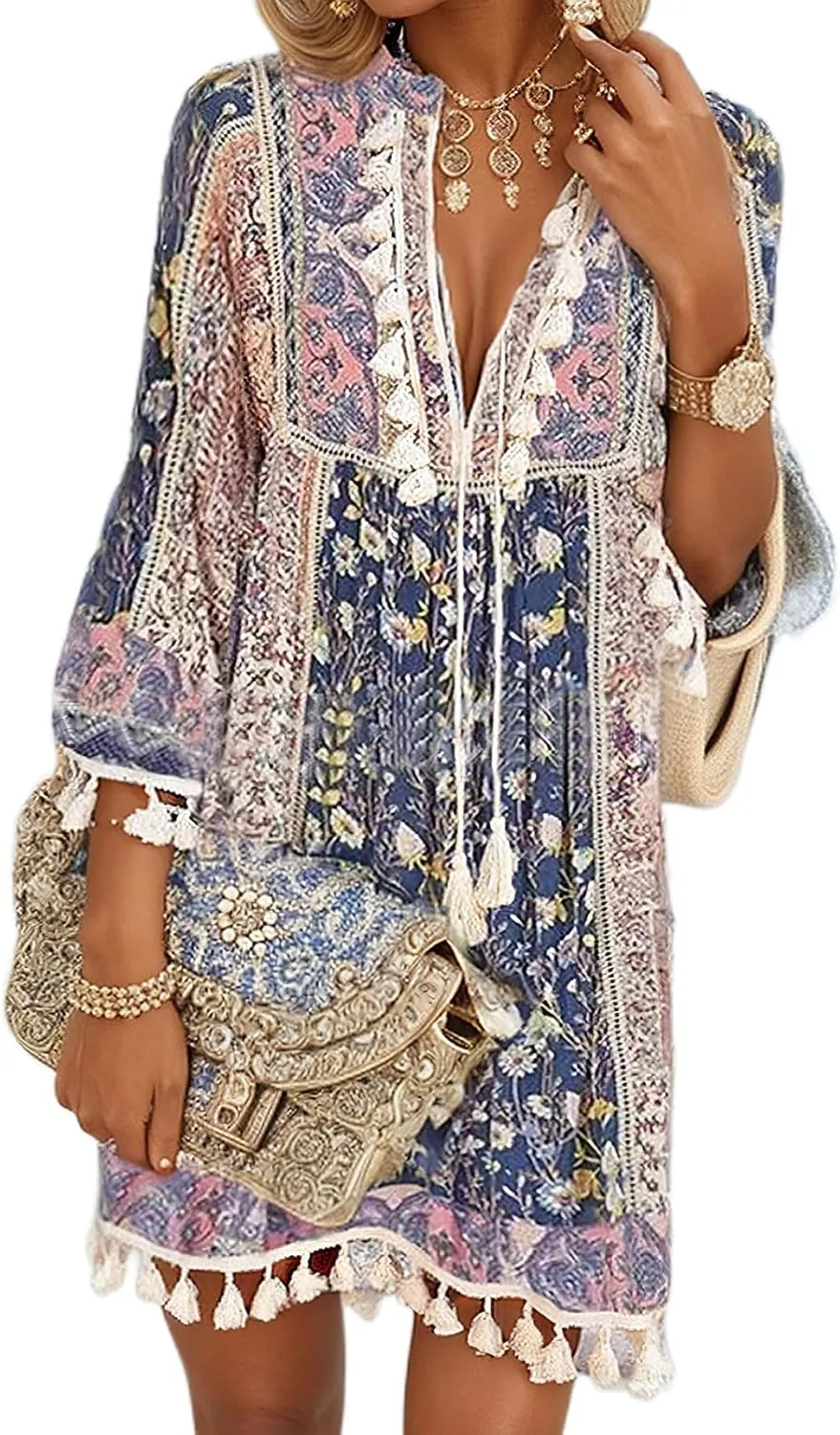 Women Print V Neck Tassel 3/4 Sleeve Shift Dress Bohemian Vintage Ethnic Style Fringe Tie Neck Casual Knee Length Dress