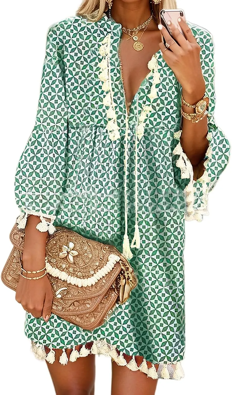 Women Print V Neck Tassel 3/4 Sleeve Shift Dress Bohemian Vintage Ethnic Style Fringe Tie Neck Casual Knee Length Dress