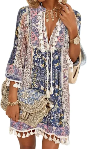 Women Print V Neck Tassel 3/4 Sleeve Shift Dress Bohemian Vintage Ethnic Style Fringe Tie Neck Casual Knee Length Dress