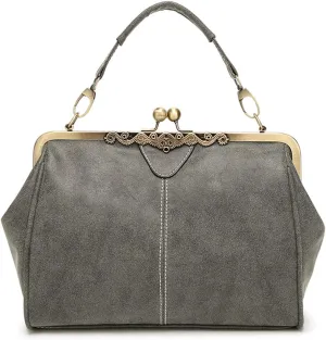 Women PU Leather Frosted Satchel Stylish Kiss Lock Design Clutch Tote Purse Ladies Casual Party Crossbody Shoulder Bag