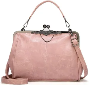 Women Retro Purse Kiss-lock Top-handle Satchel PU Leather Shoulder Handbag Tote