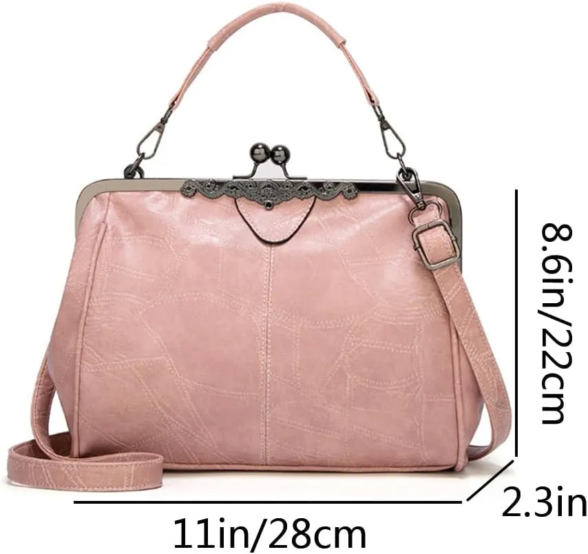 Women Retro Purse Kiss-lock Top-handle Satchel PU Leather Shoulder Handbag Tote