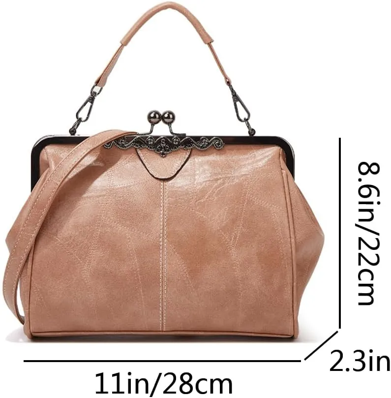 Women Retro Purse Kiss-lock Top-handle Satchel PU Leather Shoulder Handbag Tote