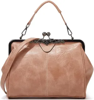 Women Retro Purse Kiss-lock Top-handle Satchel PU Leather Shoulder Handbag Tote