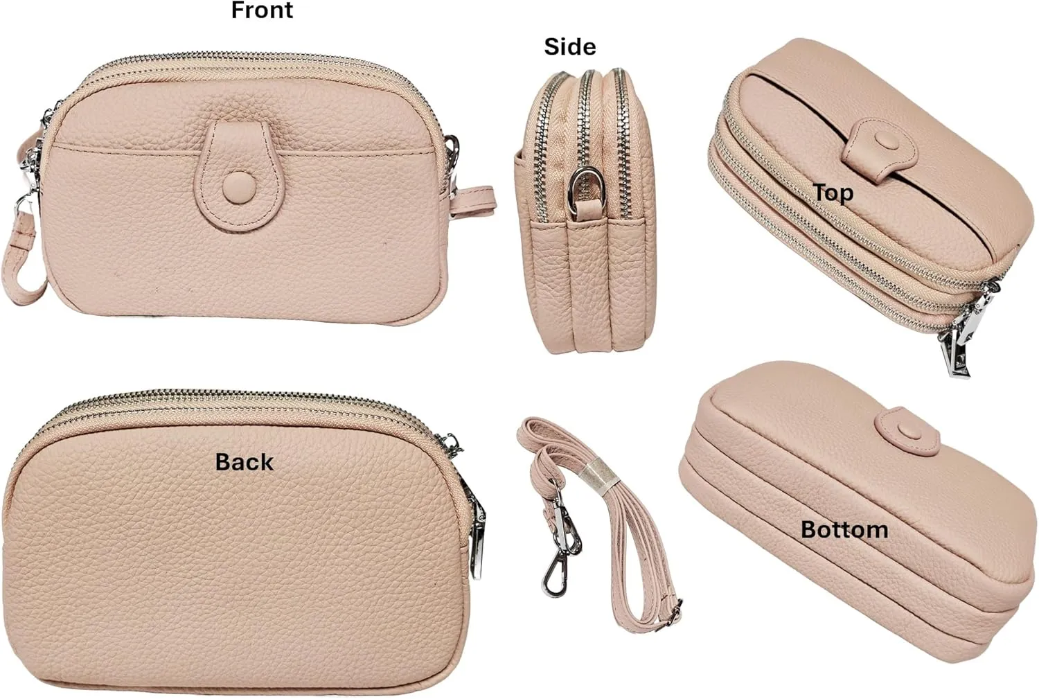 Women Small Genuine Real Leather Crossbody Shoulder Bag, 3 Zipped Compartments 1 Front Pocket