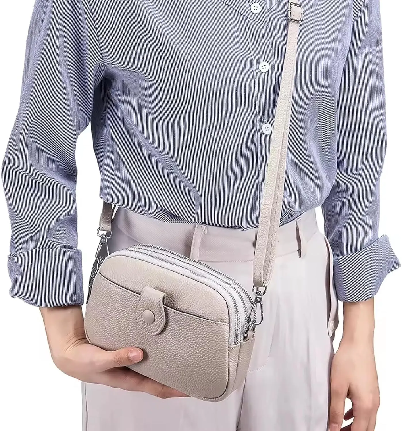 Women Small Genuine Real Leather Crossbody Shoulder Bag, 3 Zipped Compartments 1 Front Pocket