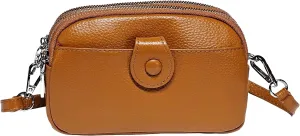Women Small Genuine Real Leather Crossbody Shoulder Bag, 3 Zipped Compartments 1 Front Pocket