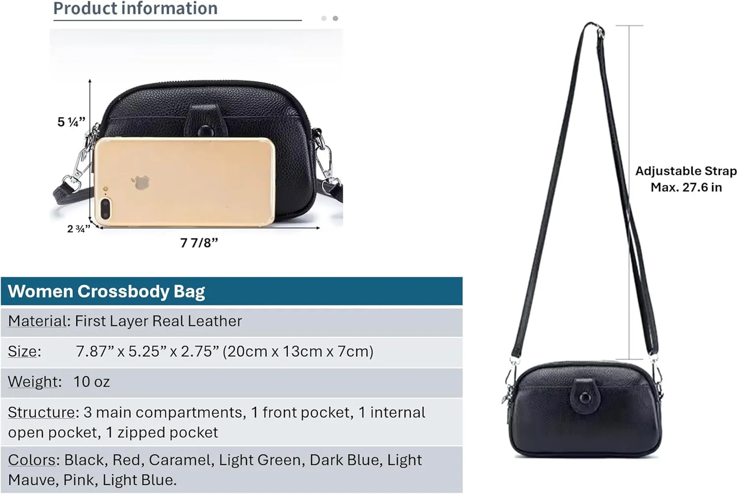 Women Small Genuine Real Leather Crossbody Shoulder Bag, 3 Zipped Compartments 1 Front Pocket