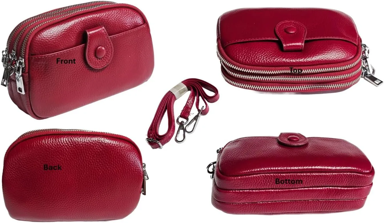 Women Small Genuine Real Leather Crossbody Shoulder Bag, 3 Zipped Compartments 1 Front Pocket