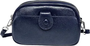 Women Small Genuine Real Leather Crossbody Shoulder Bag, 3 Zipped Compartments 1 Front Pocket
