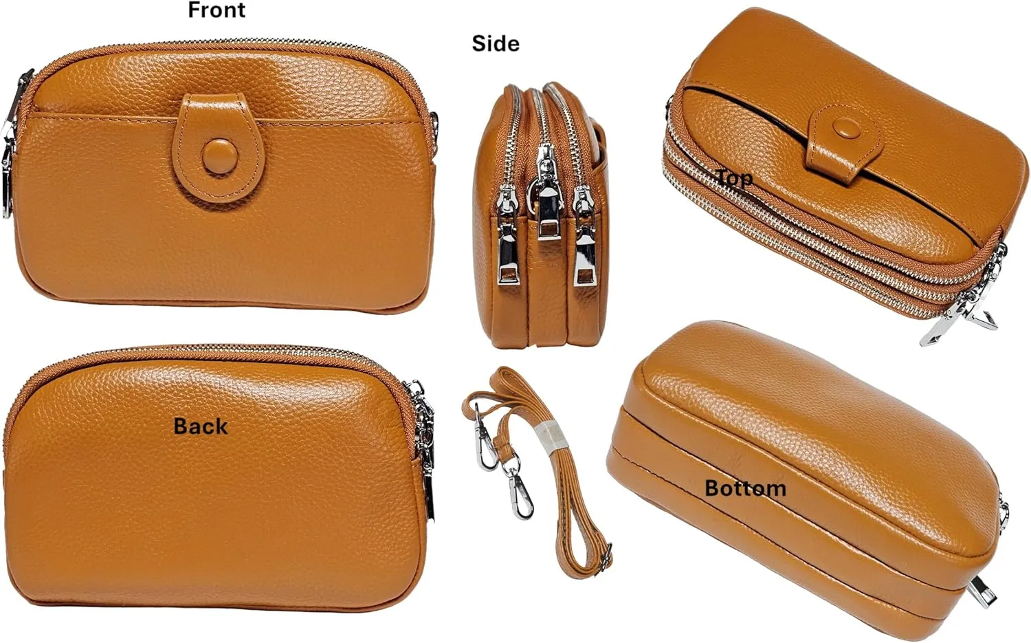 Women Small Genuine Real Leather Crossbody Shoulder Bag, 3 Zipped Compartments 1 Front Pocket