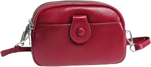 Women Small Genuine Real Leather Crossbody Shoulder Bag, 3 Zipped Compartments 1 Front Pocket
