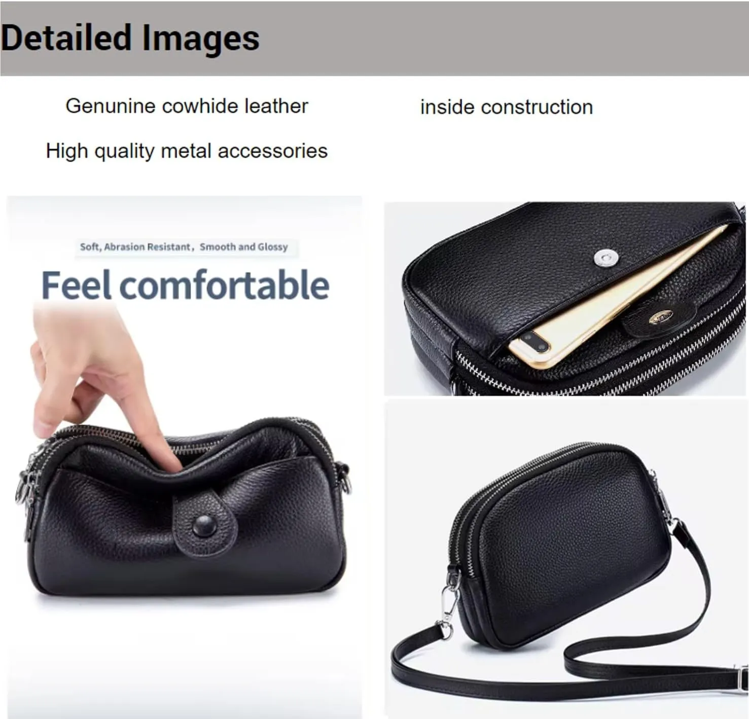 Women Small Genuine Real Leather Crossbody Shoulder Bag, 3 Zipped Compartments 1 Front Pocket