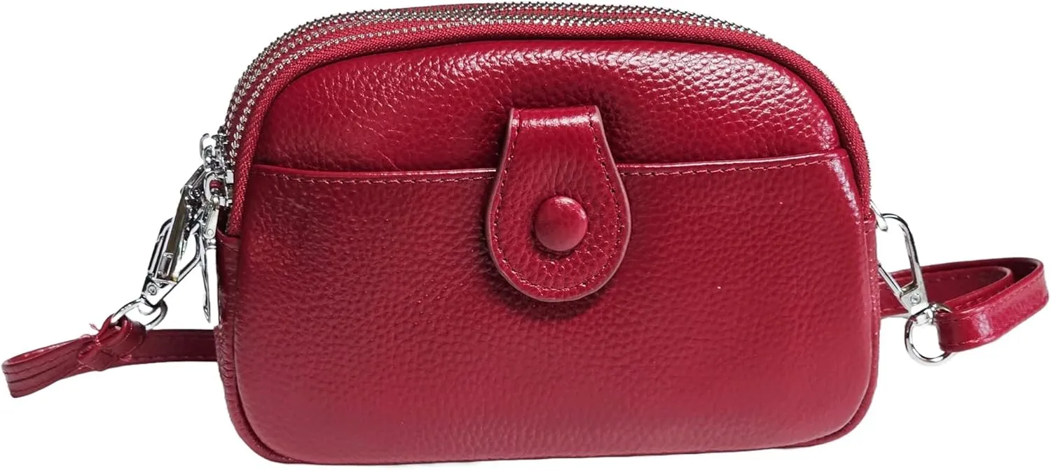Women Small Genuine Real Leather Crossbody Shoulder Bag, 3 Zipped Compartments 1 Front Pocket