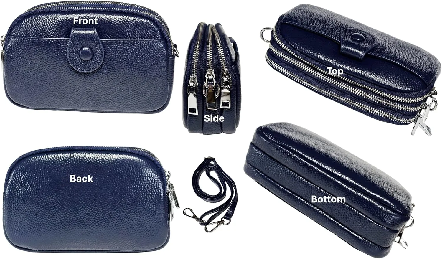 Women Small Genuine Real Leather Crossbody Shoulder Bag, 3 Zipped Compartments 1 Front Pocket