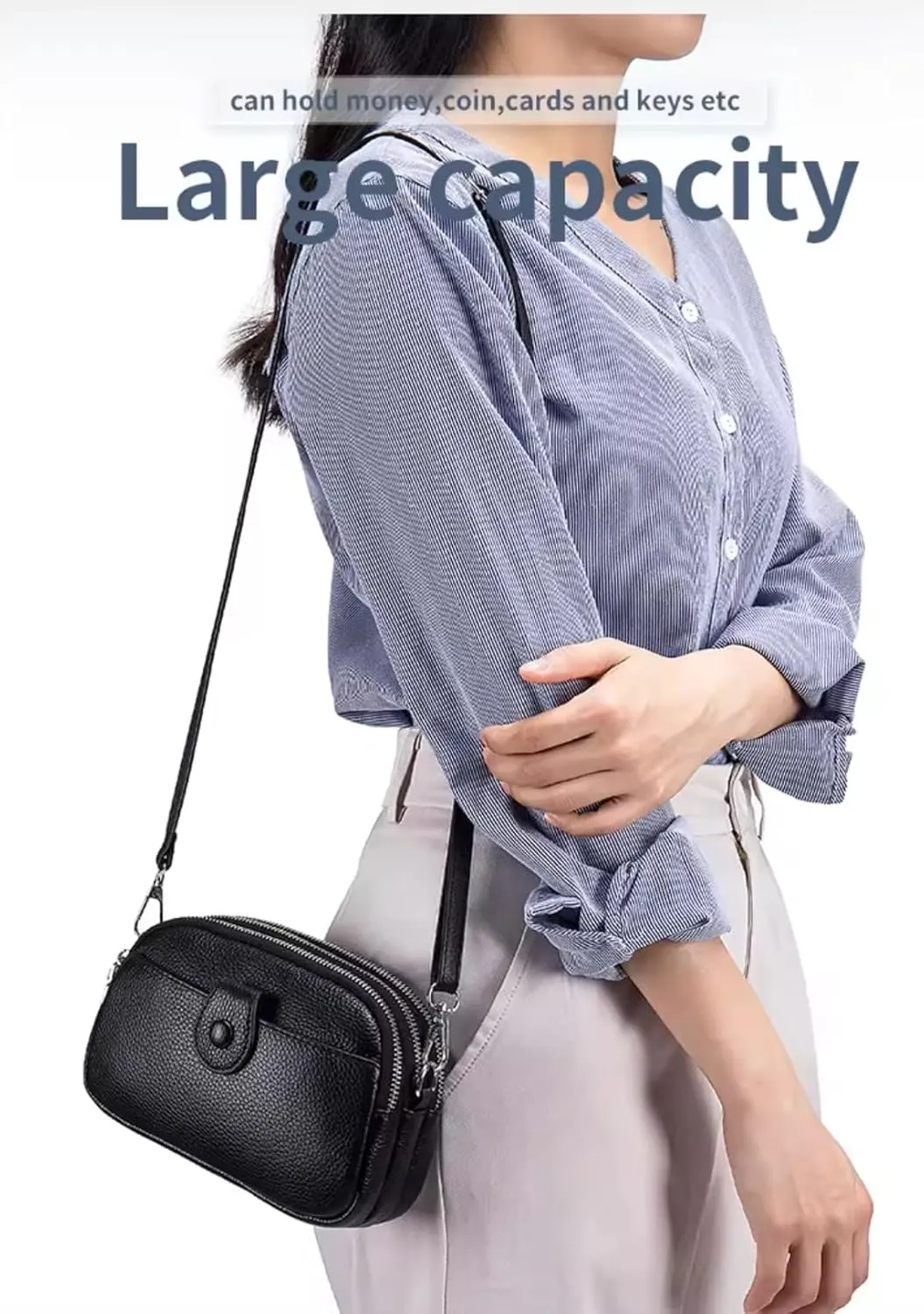 Women Small Genuine Real Leather Crossbody Shoulder Bag, 3 Zipped Compartments 1 Front Pocket