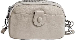 Women Small Genuine Real Leather Crossbody Shoulder Bag, 3 Zipped Compartments 1 Front Pocket