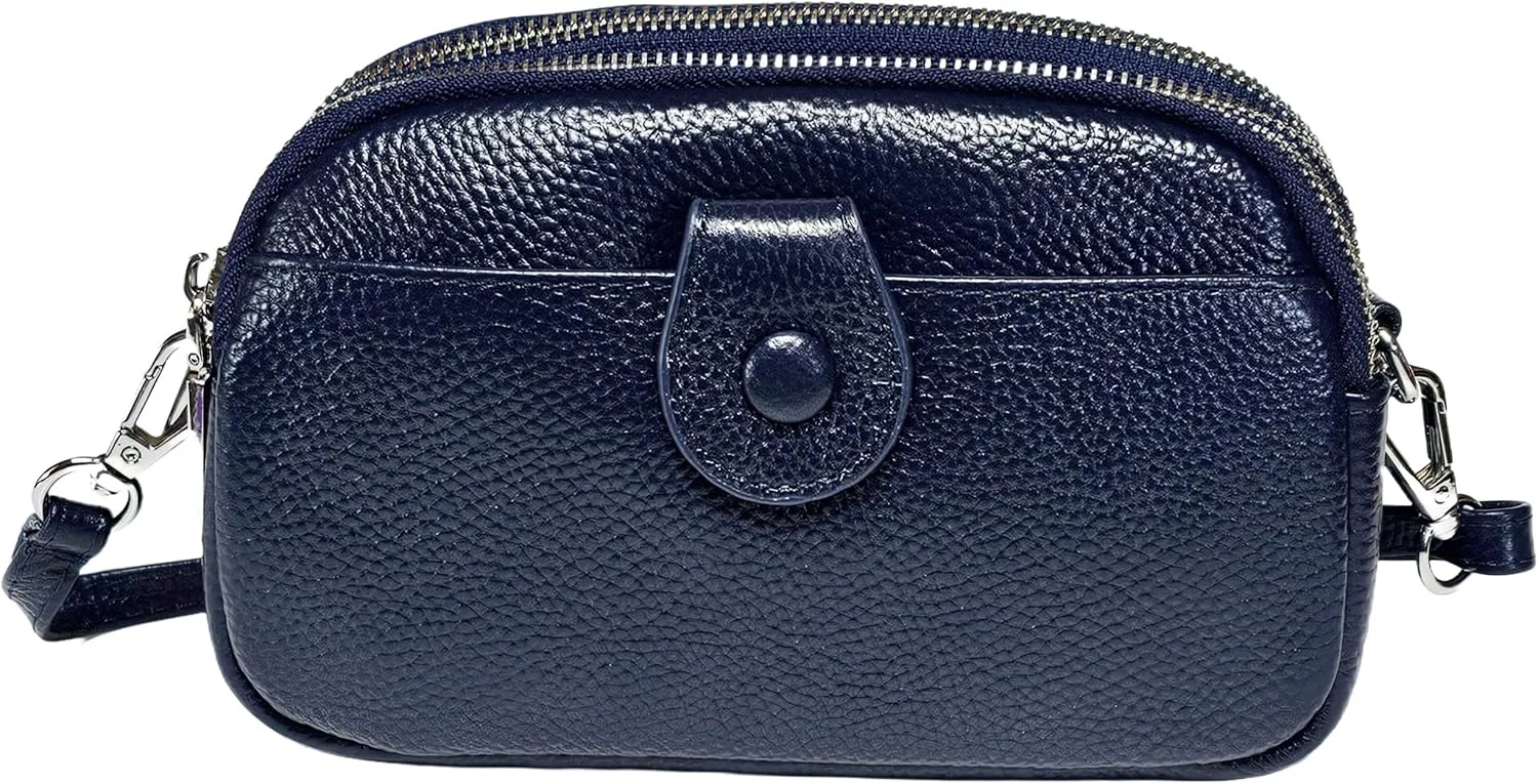 Women Small Genuine Real Leather Crossbody Shoulder Bag, 3 Zipped Compartments 1 Front Pocket