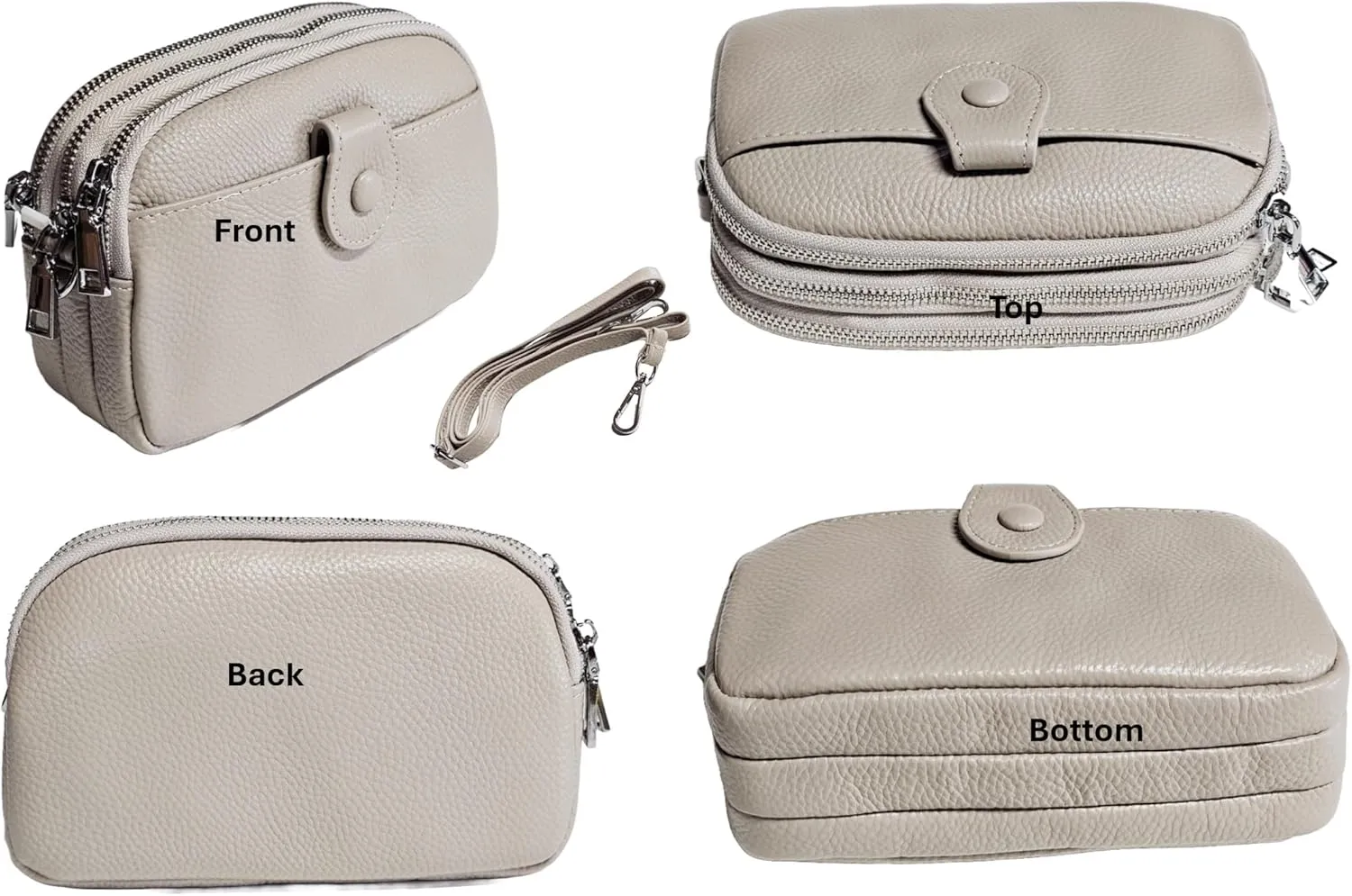 Women Small Genuine Real Leather Crossbody Shoulder Bag, 3 Zipped Compartments 1 Front Pocket