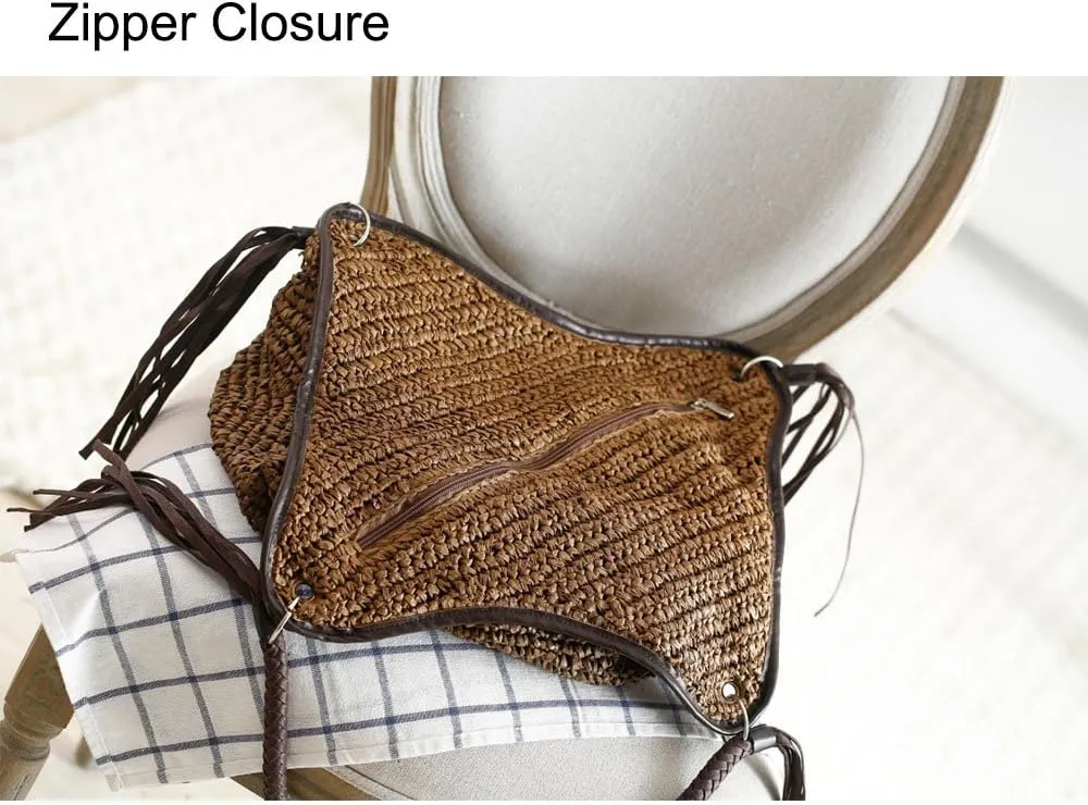 Women Straw Shoulder Bag Summer Beach Bag Tassels Tote Bag Cotton Lining Top Handle Shopper Handbag Bucket Bag